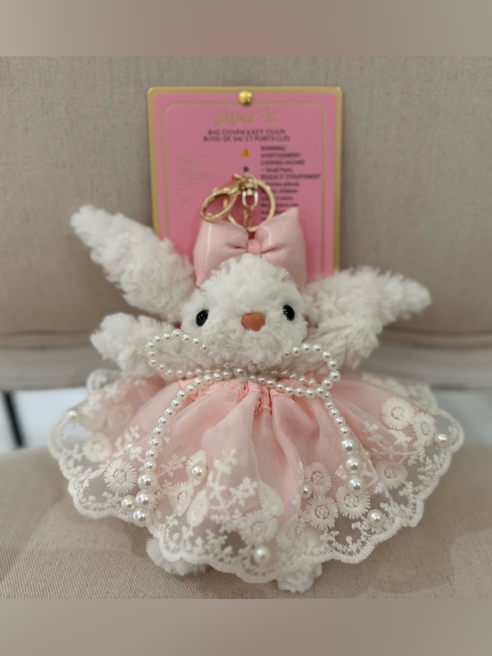 🩰 NWT Piper K VIRAL Pink Pearl Lace Bunny Bag Charm Keychain Coquette - Picture 5 of 13